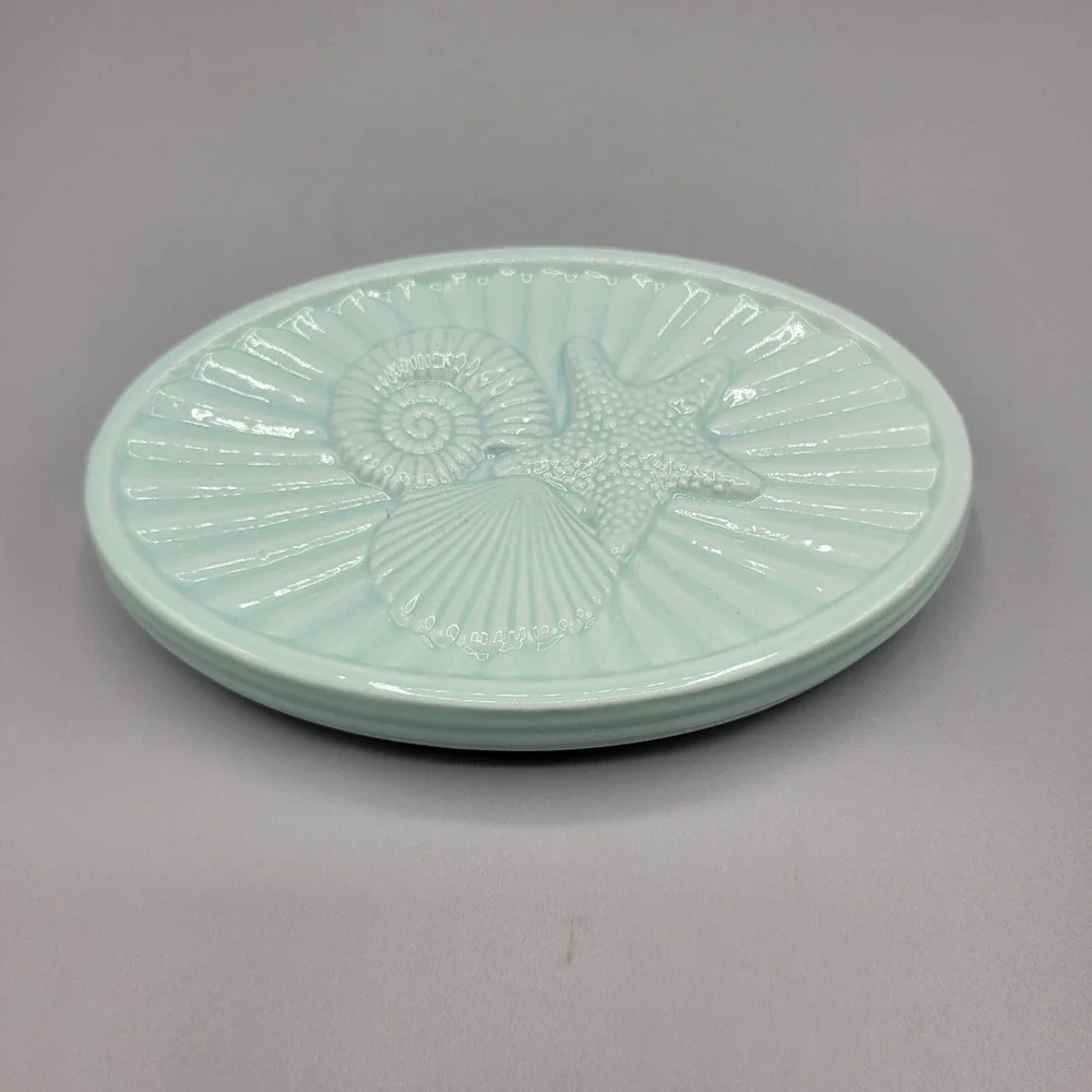Ceramic Sea-Themed Soap Dish Oval Starfish Seashell Design Seafoam/Aqua